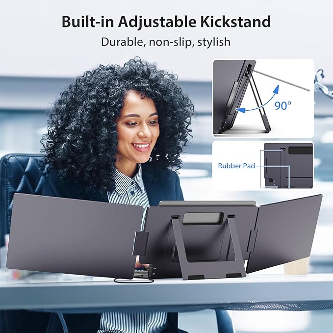 KYY 14" Portable Triple Monitor for Laptop, Laptop Screen Extender with Full HD IPS Display, Computer Extended Monitor Compatible with Mac, Windows, Chrome, Fits 12-16 Inch Laptops
