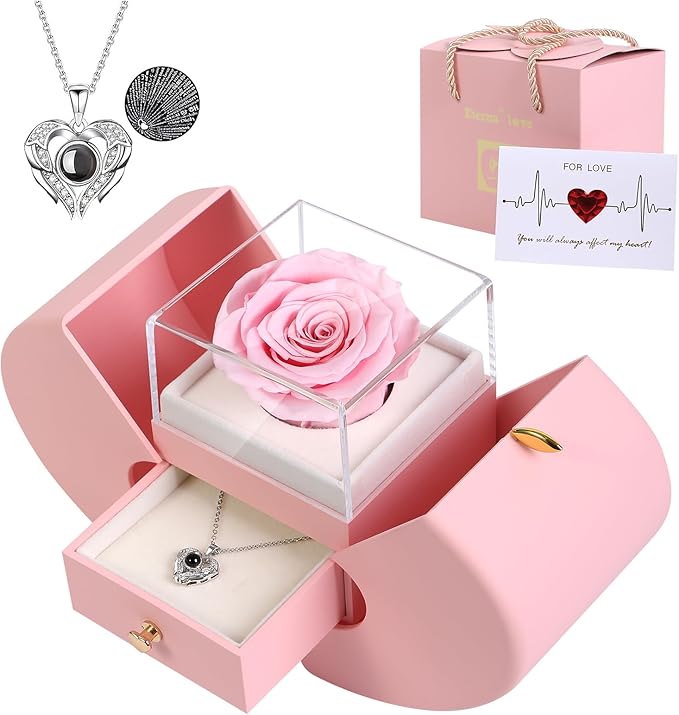 Preserved Real Pink Rose with I Love You Necklace 100 Languages, Gifts for Girlfriend, Women, Mom, Wife, Gifts Idea on Christmas, Valentine's Day, Mother's Day, Birthday, Anniversary, Thanksgiving