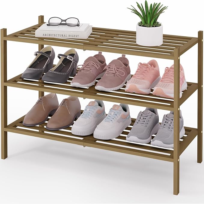Smiry Bamboo Shoe Rack 3-Tier, Stackable Wooden Shoe Organizer for Entryway & Closet, Free Standing Wood Shoe Storage Shelf for Front Door & Small Spaces, Walnut