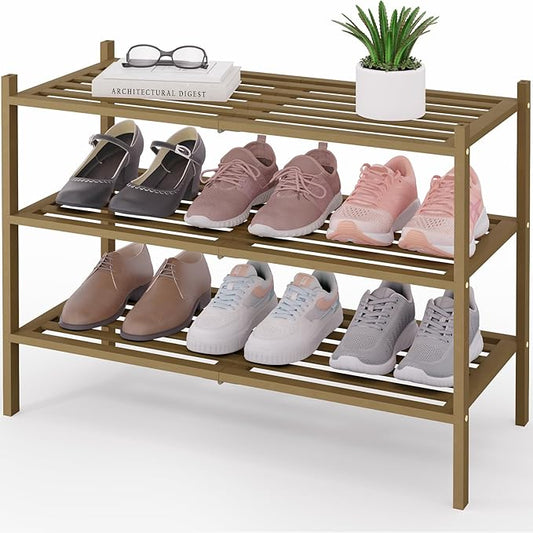 Smiry Bamboo Shoe Rack 3-Tier, Stackable Wooden Shoe Organizer for Entryway & Closet, Free Standing Wood Shoe Storage Shelf for Front Door & Small Spaces, Walnut