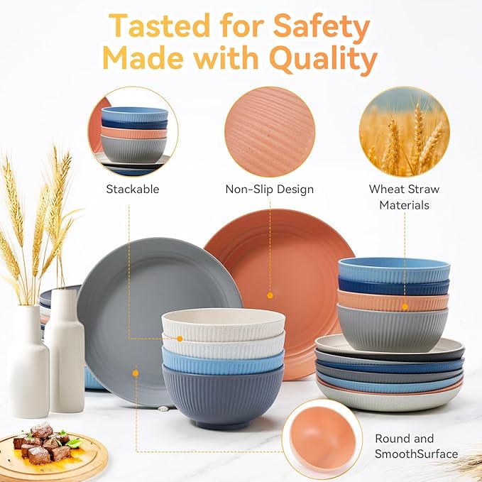 Wheat Straw Dinnerware Sets,64-Piece Plates and Bowls Sets for 8-Unbreakable,Reusable Plastic Dish Set-Dinner Plate/Dessert Plate/Cereal Bowl/Cup/Utensils-Microwavable Dishwasher Safe 64P-Deep Gray