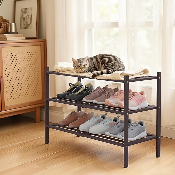 Smiry Bamboo Shoe Rack 3-Tier, Stackable Wooden Shoe Organizer for Entryway & Closet, Free Standing Wood Shoe Storage Shelf for Front Door & Small Spaces, Brown