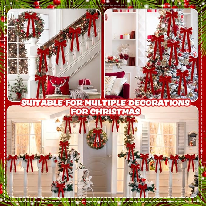 JOICEE 15Pcs Red Velvet Bows, 5in x 12in Christmas Tree Wreath Bows Rustic Crafts Gift Ribbon Bows for Christmas Indoor Outdoor Decorations Birthday Party Wedding Holiday Decor