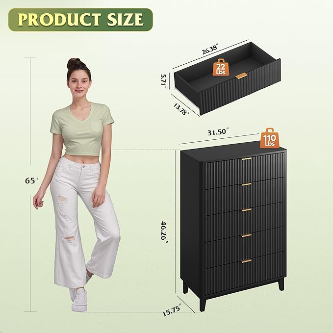 WLIVE Fluted Dresser for Bedroom with 5 Drawers, 46.26" Tall Wooden Dresser with Golden Metal Handles, Mid Century Modern Chest of Drawers for Living Room, Hallway, Closet, Solid Black