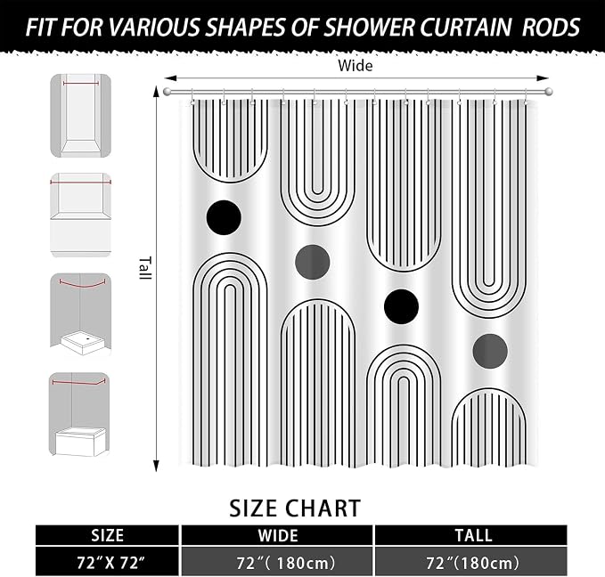 JWXCBIM Boho Mid Century Shower Curtain Set, Modern Minimalist Arch Lines Sun Abstract Aesthetics Bathroom Decor, Waterproof Fabric White Bohemian Bath Curtain with 12 Hooks 72x72 inches