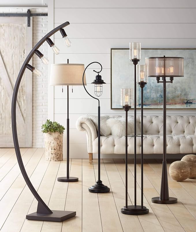 Franklin Iron Works Libby Modern Industrial Tree Floor Lamp Standing 66" Tall Oiled Bronze Metal 3-Light Amber Seedy Glass for Living Room Reading Bedroom Office House Home Decor