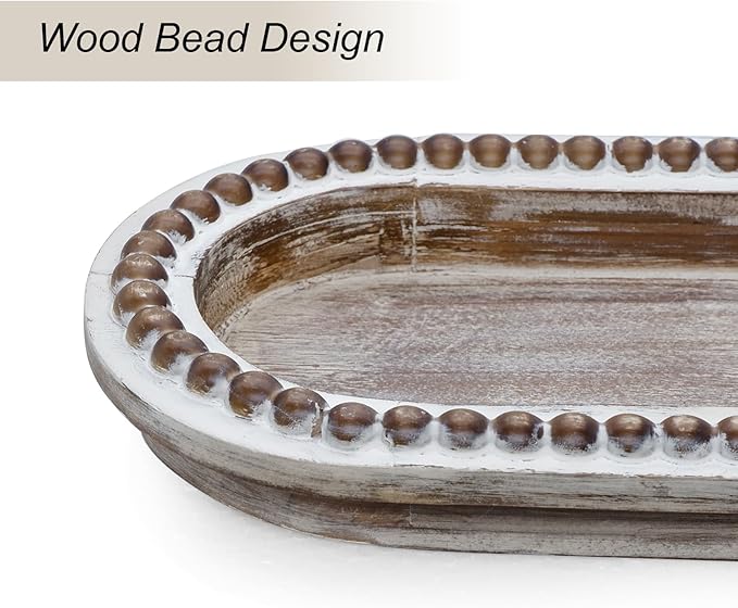 Wood Serving Tray, Wooden Bead Decorative Tray, White Washed Coffee Table Tray for Ottoman, Rustic Distressed Decor for Home, Kitchen, Farmhouse (Natural Wood)