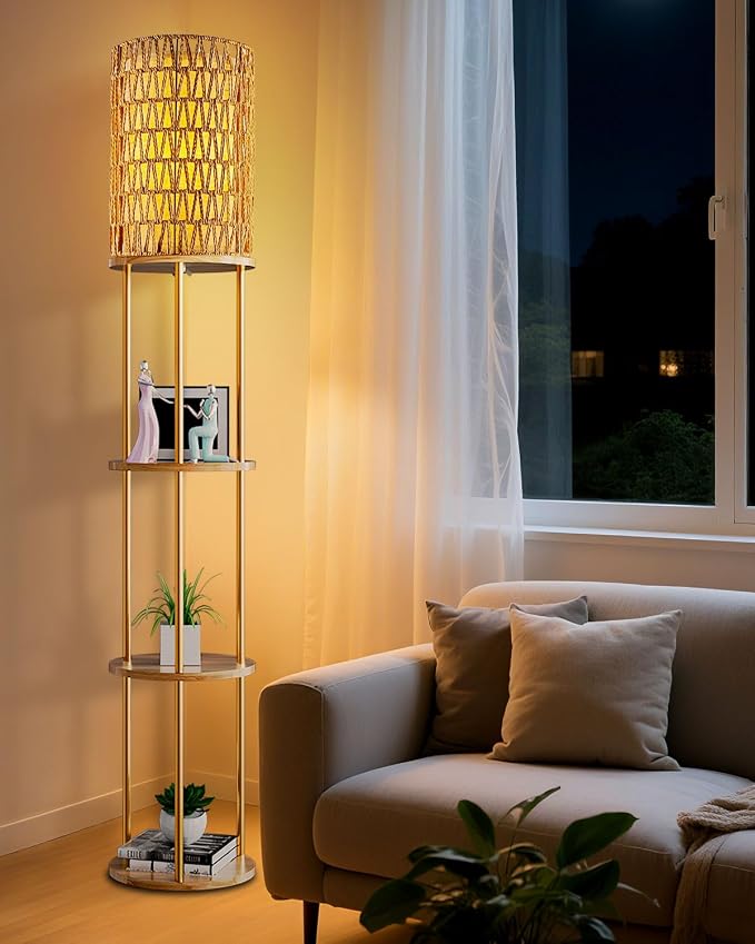 Lightdot 61" Rattan Floor Lamp with Shelves, 3-Tier Storage Shelves with 3000K Bulb Included, Solid Wood Design, Corner Bookshelf Floor Lamps for Living Room/Sofa Beside/Corner Decor-Gold