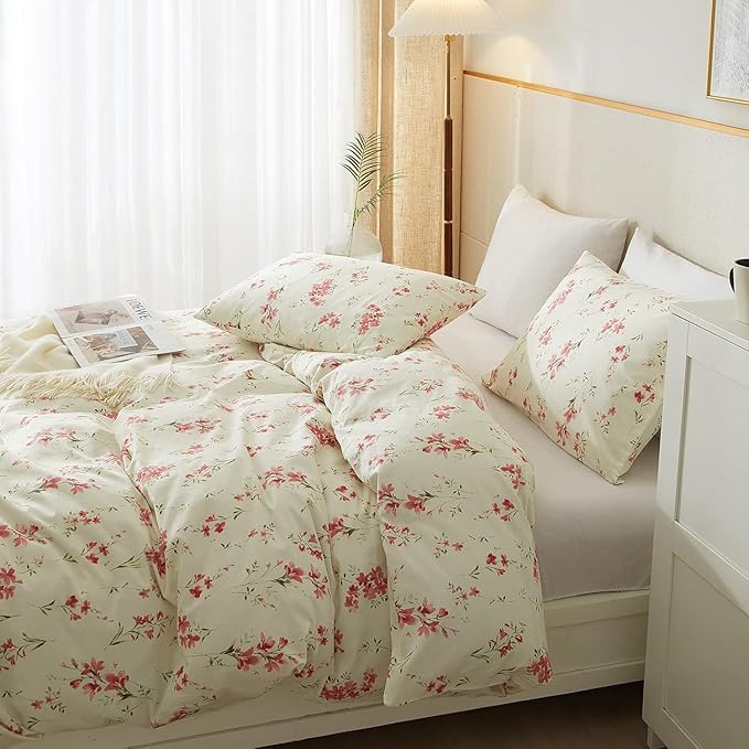 Boho Floral Duvet Cover King Soft Cotton Pink Floral Bedding Set King Chic Garden Style Cute Flower Pattern Duvet Cover Vintage Floral Botanical Comforter Cover 1 King Duvet Cover with 2 Pillowcases