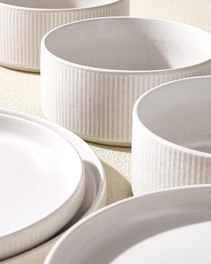 8-Piece Ceramic Plates and Bowls Sets for 4, Matte White | Handcrafted reactive glaze stoneware dinnerware. Chip & scratch resistant. Microwave & dishwasher safe. Everyday/formal use.