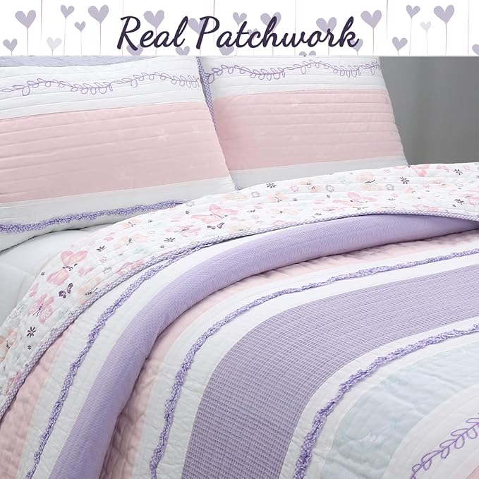 Cozy Line Home Fashions Lavender Blue Pink Ruffles Girl 100% Cotton Reversible Quilt Bedding Set, Coverlet, Bedspread (Lavender Dream, Queen - 3 Piece: 1 Quilt + 2 Shams)