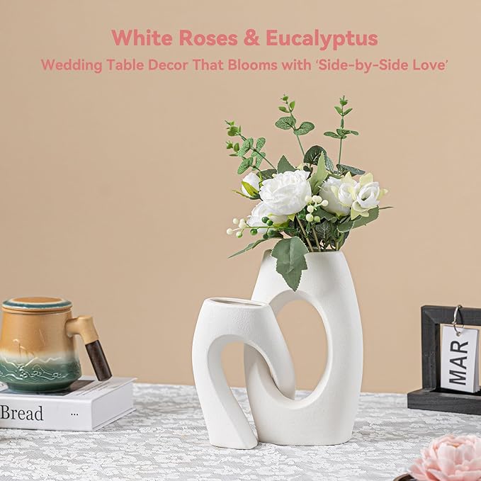 Intertwined Couple Vase Set - 2-Pcs White Ceramic Vases with Loop Design & Wide Rectangular Neck, Romantic Gifts for Couples, Wedding Gift for Couple, Decorative Vase for Living Room