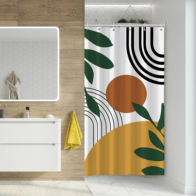 Boho Geometric Shower Curtain White Beige Mid Century Abstract Arch Curve Bathroom Curtain Minimalistic Sun Shower Curtain Sets for Bathroom Extra Long 36x72 in with 6 Hooks