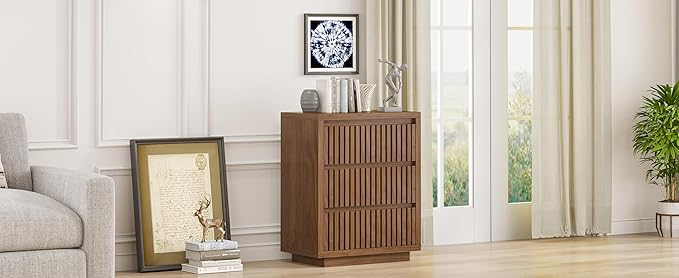 Fluted 3 Drawer Dresser, Mid Century Small Dresser for Bedroom, Wood Chest of Drawers, Modern Closet Clothes Organizer, Walnut Wooden Storage for Living Room, Brown