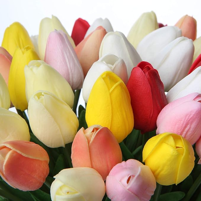 20 Pcs White Tulips Artificial Flowers Real Touch Fake Tulips Fake Flowers for Mother's Day 13.5" Faux Tulips Faux Flowers Bulk Artificial Tulips Flowers for Vase Centerpieces Home Wedding Bouquet