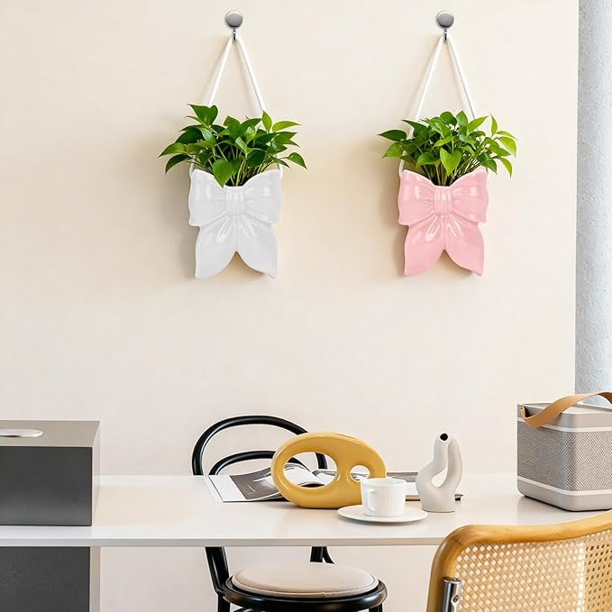 2 Pack Ceramic Hanging Planter Wall Vase with Rope, Bow Design for Indoor Plants, Fresh and Dried Flowers, Home Office Bathroom Living Room Bedroom Wall Decor