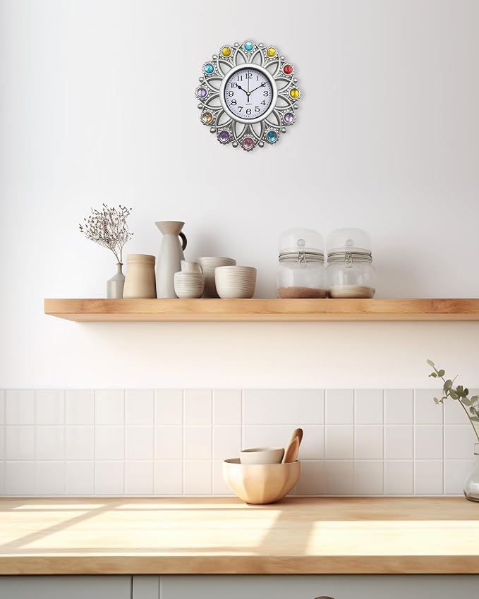 Silver Sunflower 10 Inch Small Analog Wall Clock Battery Operated, Boho Decorative Wall Clock for Kitchen, Home Kitchen, Living Room, Bathroom