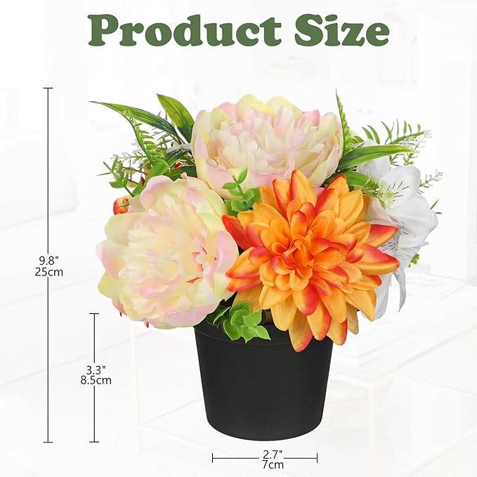 Yellow Artificial Flowers Small Fake Flowers in Vase Peonies Dahlia Tiger Lily Potted Silk Flower Arrangements Faux Plants & Flowers Home Bathroom Kitchen Table Centerpieces Desk Decor