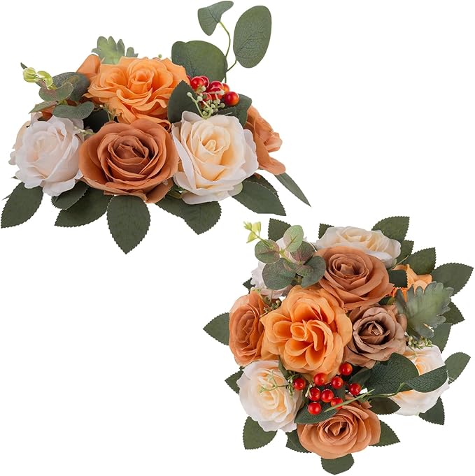 BLOSMON Terracotta Flowers Balls Centerpieces: 2 Pcs Artificial Rose for Home Table Decorations - Fall Fake Silk Kissing Floral Arrangements for Wedding Party Event DIY Decor