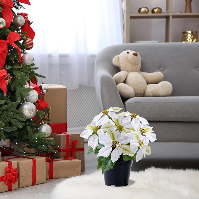 Artificial Poinsettia Flowers - 14Inch Faux Christmas Plant, Cream Winter Flowers for Indoor/Outdoor Xmas Ornament, Porch & Home Garden Decorations
