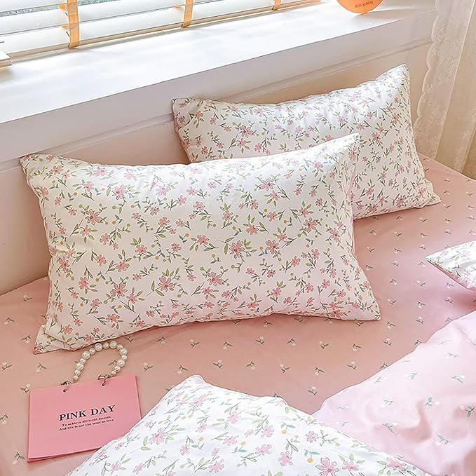 EAVD Vintage Style Garden Pink Floral Duvet Cover Queen White Soft 100% Cotton Small Cute Floral Bedding Set with 2 Pillowcases Chic Shabby Floral Botanical Duvet Cover with Zipper Closure