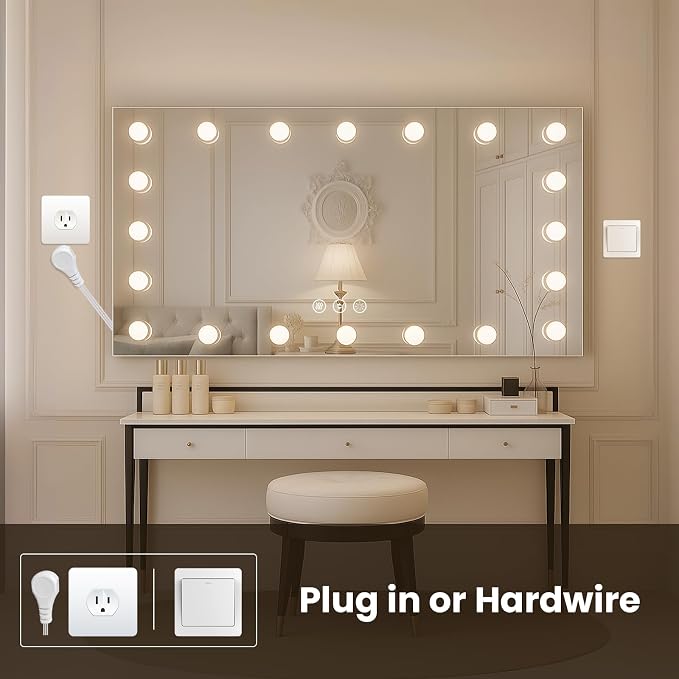WTTY 84"x40" Hollywood Vanity Mirror with Lights, Wall-Mounted Makeup Mirror with 3 Color Temperatures, Stepless Dimmable Bulbs, Anti-Fog & Shatter-Proof