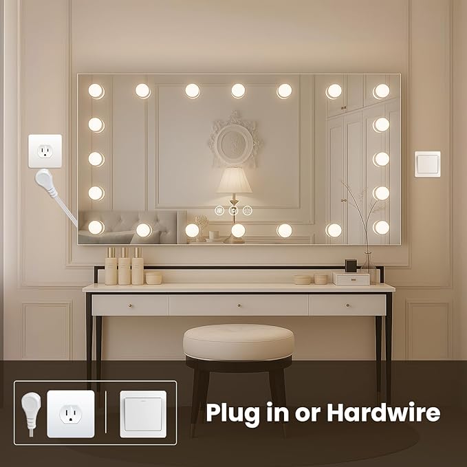 WTTY 60"x28" Hollywood Vanity Mirror with Lights, Wall-Mounted Makeup Mirror with 3 Color Temperatures, Stepless Dimmable Bulbs, Anti-Fog & Shatter-Proof
