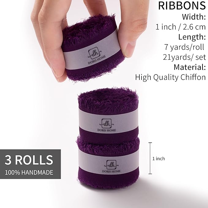 DORIS HOME Plum Chiffon Ribbon for Flower Bouquet, 1" x21Yd Fabric Ribbon for Gift Wrapping, Handmade Frayed Ribbon for Wedding Invitations/Christmas Decorations