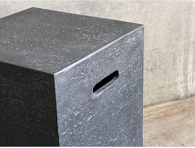 AMS Fireplace | Elementi Square Travertine Dark Gray 20 lbs Propane Tank Cover | Concrete GFRC Base | Dimensions: 15.7 x 15.7 x 20 inches | Perfectly Matches with Cannes Fire Pit Table.