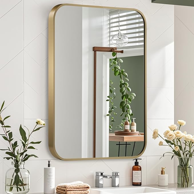 Gold Mirror, 24x32 Inch Framed Rectangle Mirror with Rounded Corner, Brushed Brass Mirror, Gold Bathroom Mirror for Over Sink, Vanity, Living Room, Bedroom, Horizontal/Vertical