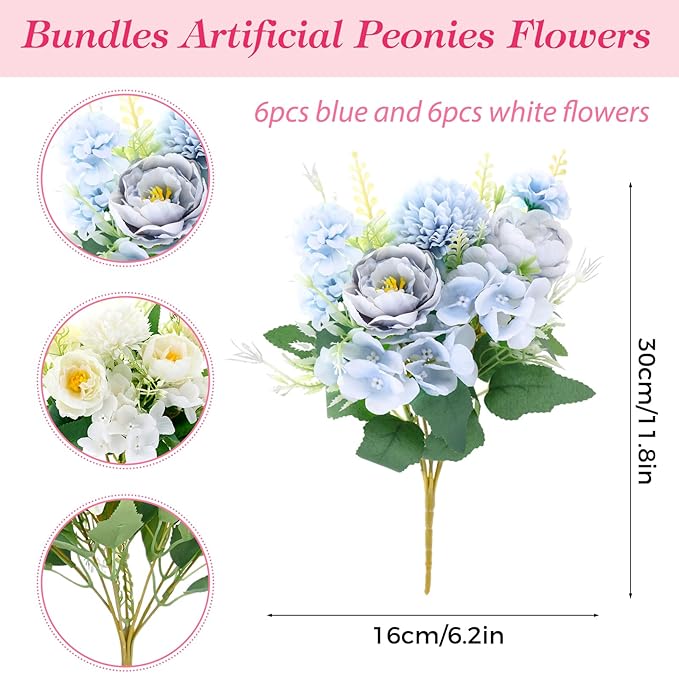 Olgaa 12 Bundles Peonies Artificial Flowers Silk Flowers Fake Peony Bouquet Faux Peonies Flowers Bulk for Wedding Decor Centerpiece Table Decorations (Blue White)