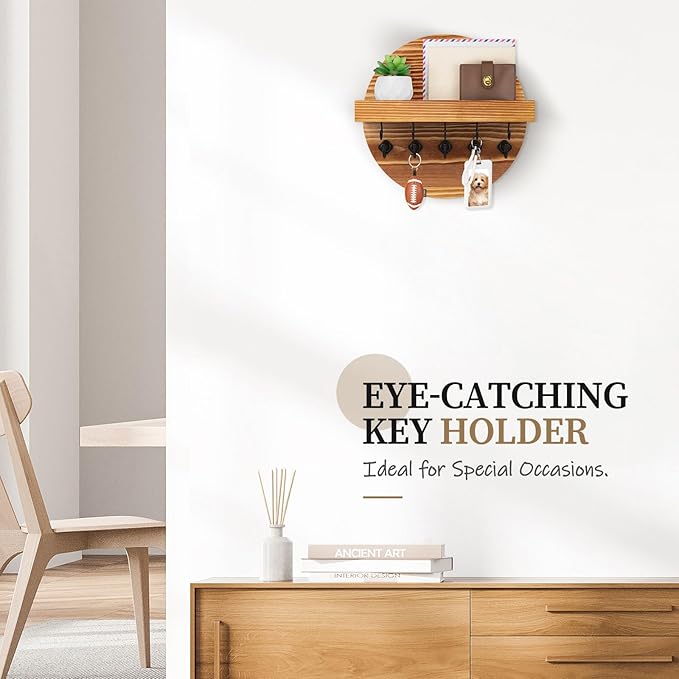 Nekon Key Holder Wall Mount, Key and Mail Organizer for Wall, 9.8 Inch Round Wooden Rustic Wall Organizer for Entryway, Hallway, Kitchen, Office (Light Brown)