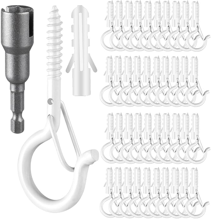 FSAH 96 PCS Q-Hanger Hooks, Screw Hooks for Outdoor String Lights, Safety Buckle Design Cup Eye Hook for Hanging Christmas Lights, Plants, Mounted on Wall Ceiling, Include 1 Wing Nut Driver, White