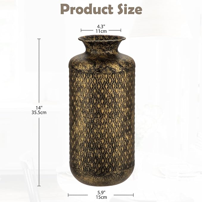 Flower Vase Rustic Metal Vase, 14" Black and Gold Pattern Vase for Farmhouse Home Décor Artificial Flowers and Centerpieces