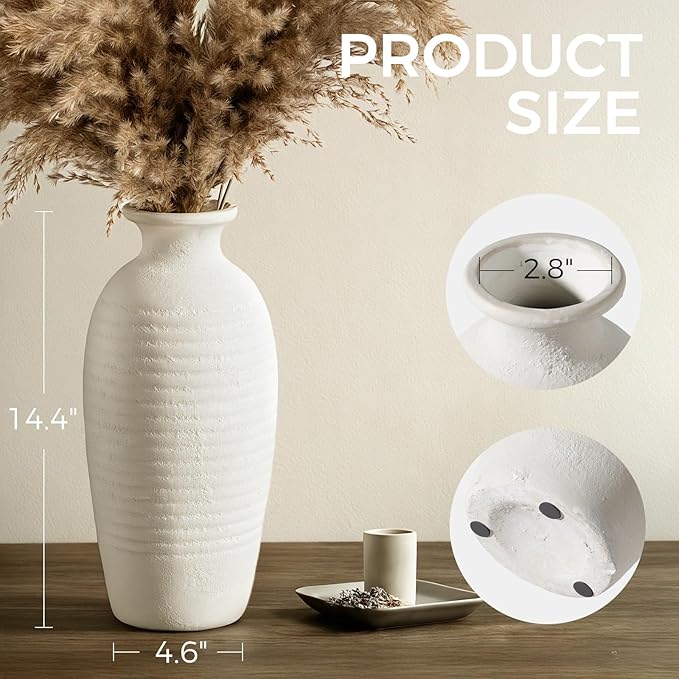 Rustic Ceramic Tall Vase 14.4” Large Handmade Flower Vases for Farmhouse Decor Living Room Shelf Styling Waterproof Off-White Pottery Jar for Pampas Grass Wedding or Housewarming Gift