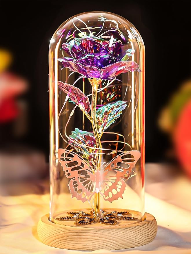 Beferr Christmas Birthday Gifts for Women, Mom Gifts for Christmas Galaxy Glass Rose Forever Preserved Flowers for Delivery Prime Rose in Glass Dome Xmas Gifts for Grandma Wife Sister Her, Purple