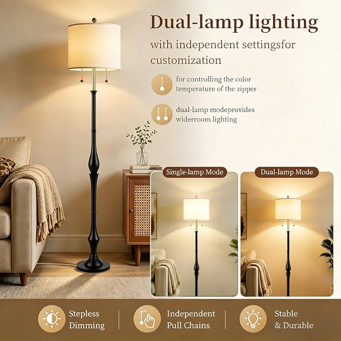 67.5'' Rustic Wooden Floor Lamp with Linen Shade, Farmhouse Floor Lamp for Living Room, Bedroom & Reading Nook, 3-Color Adjustable Tall Lamp with Pull Chain (Black)