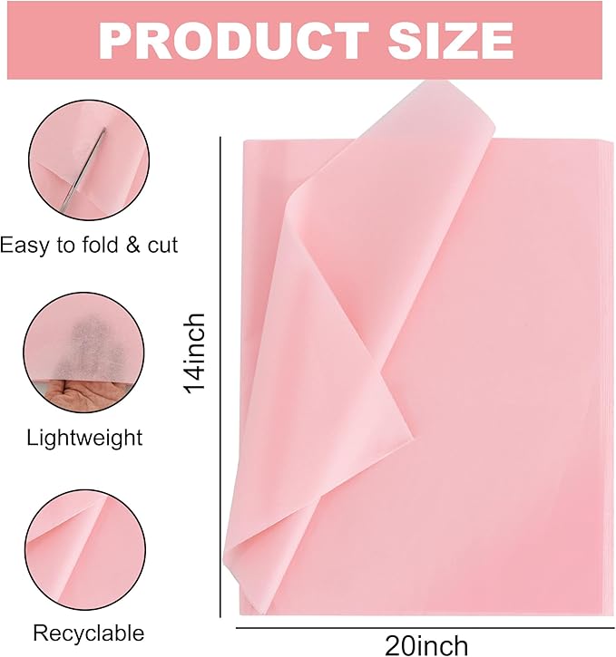 BEISHIDA 100 Sheets Pink Tissue Paper Bulk, Wrapping Tissue Paper for Gift Bags, 14 x 20 Inch Gift Wrap for Birthday Wedding Graduation DIY Crafts Holiday Flowers