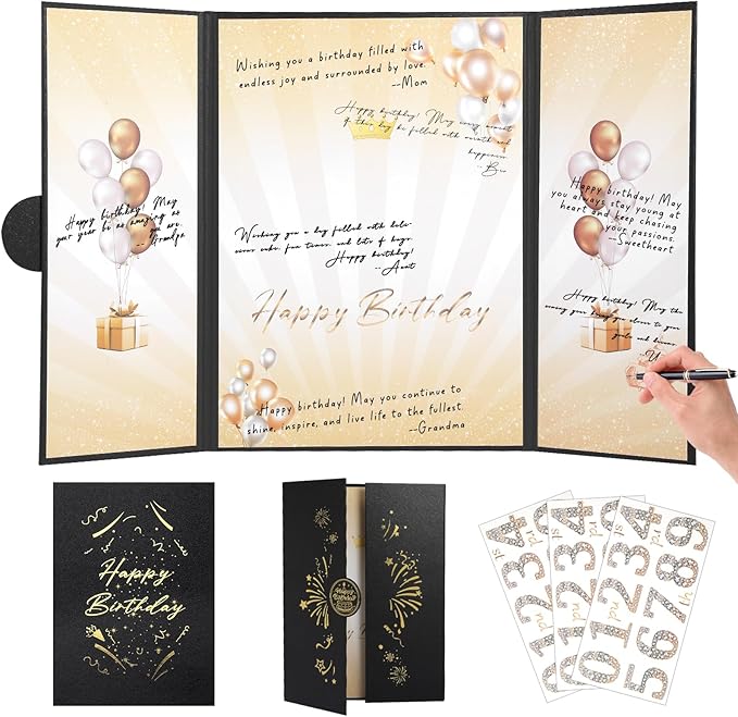 Black Gold Birthday Party Decorations,18" x 12" Creative Birthday Decorations Guest Sign in Book Alternative, for Men and Women of All Ages, Happy Birthday Party Supplies