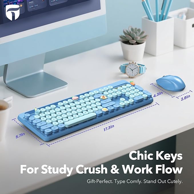 Wireless Keyboard and Mouse Combo, Retro Round Keycaps, Full-Size Cute Typewriter Keyboard with Large Phone/Tablet Holder, Auto-Sleep, 2.4GHz Cordless Connection for Windows/PC/Laptop (Sky Blue)
