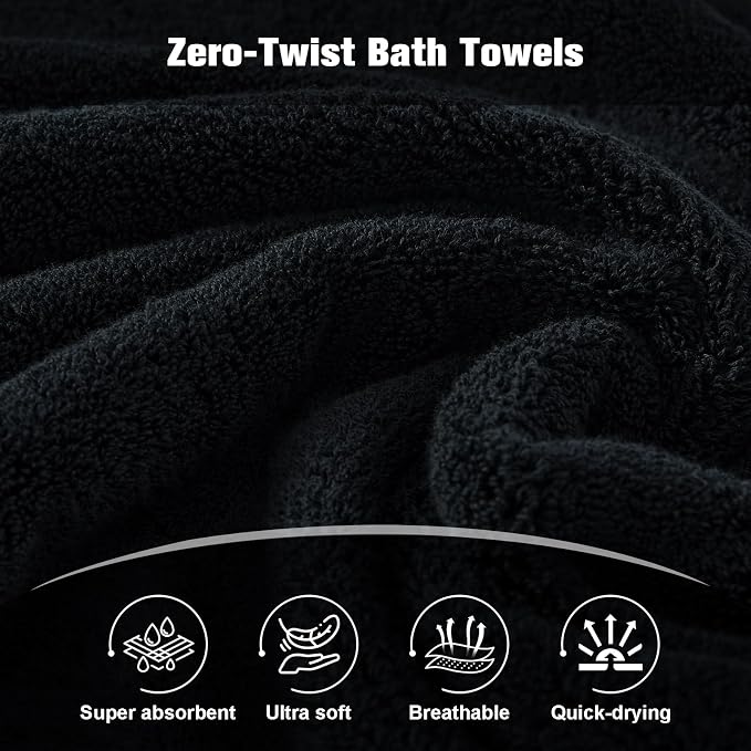 COZYART Black Bathroom Towel Sets 6Pcs 650 GSM 100% Cotton Bath Towel Set for Bathroom Super Absorbent Durable Luxury Set with 2 Bath Towels, 2 Hand Towels, 2 Washclothes