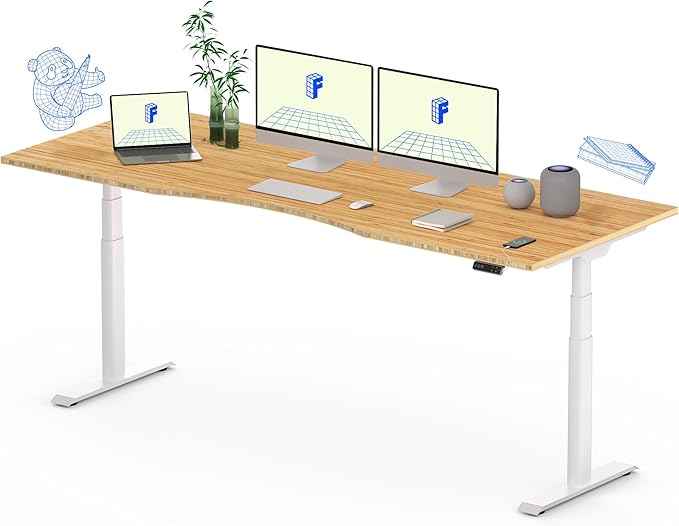 FLEXISPOT E6 Pro Oval Leg Dual Motor 3 Stages Bamboo Whole-Piece Electric Standing Desk 78x30 Inch Board Height Adjustable Electric Sit Stand Up Desk (White Frame + Bamboo Whole-Piece Curved Desktop)