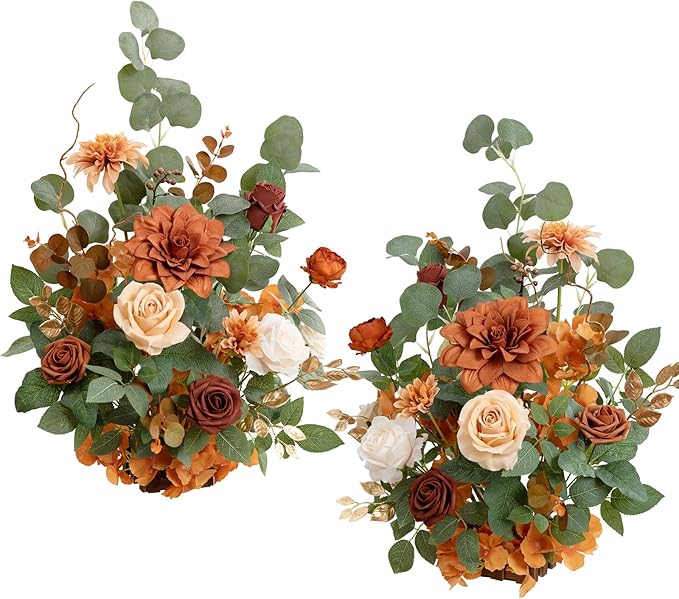 Ling's moment 17.5" Tall Standing Artificial Flowers Arrangements 2 pcs Wedding Aisle Runner Chair Decorations Terracotta & Burnt Orange Centerpieces for Ceremony Reception Rose Floral Party Outdoor