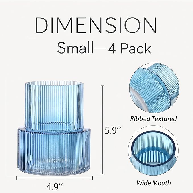 Ribbed Glass Vases, Set of 4 Small Vases for Flowers, Blue Glass Vase for Tulips, Modern Vase for Living Room, Kitchen, Office, Entryway, Bookshelf, Wedding Gifts, Birthday, 6 Inches