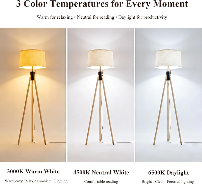 Mid Century Modern Tripod Floor Lamp, Gold Accented Two-Tone Solid Wood Floor Lamp with Black-Finished Solid Wood Center, Linen Shade & Pull Chain, Tall Lamp for Living Room Bedroom Reading Corner