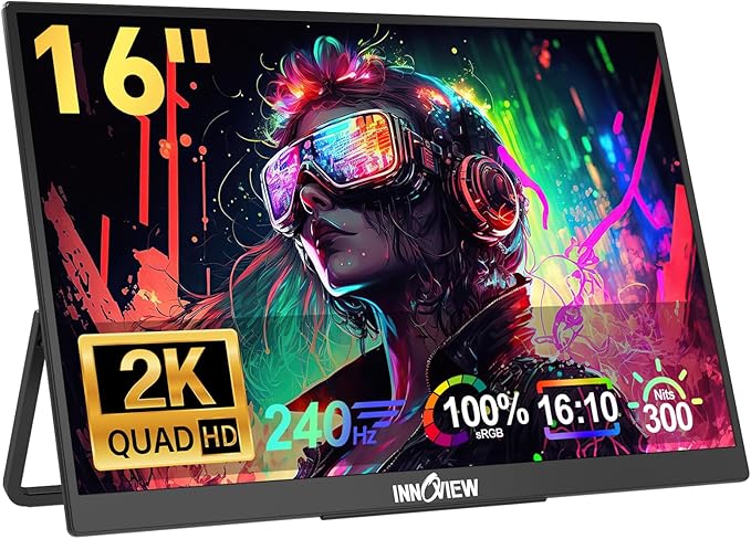 InnoView 16" 240Hz Portable Monitor 2K 2560x1600 100% sRGB Portable Gaming Monitor Supports 120Hz/144Hz/165Hz/180Hz Refresh Rate Monitors Type-C HDMI Laptop Screen Extender for Surface PS5 Switch Xbox