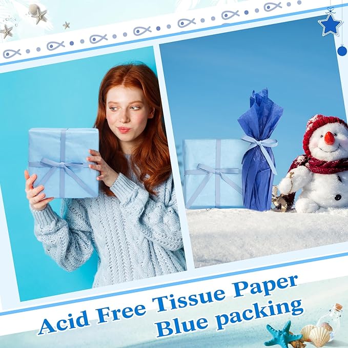 Qilery 500 Sheets Blue Tissue Paper Bulk for Gift Bags 20 x 30 Inch Acid Free Wrapping Paper Sheets for Winter Hanukkah Decoration DIY Crafts, Packing Supplies for Moving, Wedding Party, DIY Flowers