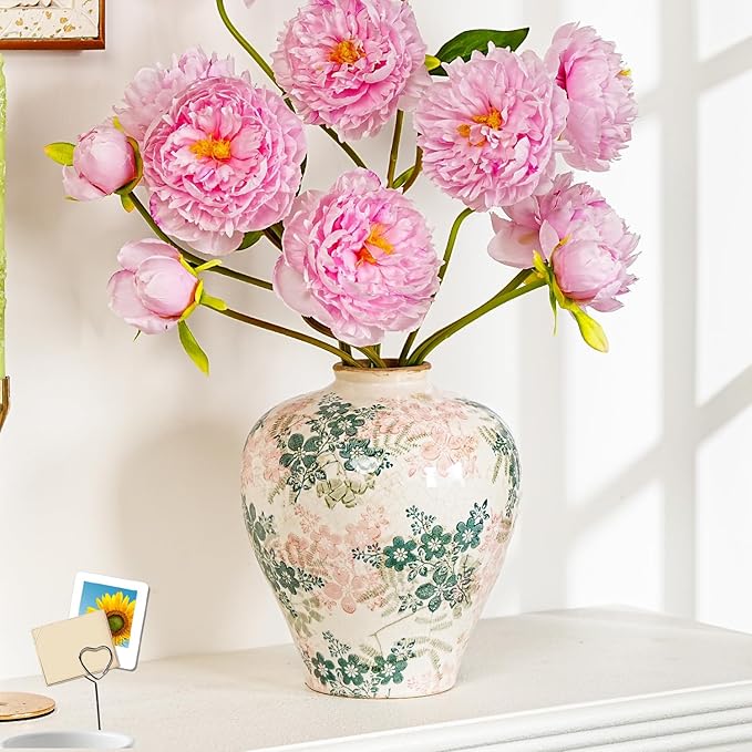 Sungmor Vintage Ceramic Flower Vase - 9.4 Inch Retro Ice Cracked Glaze Chinoiserie Vase, Rustic Farmhouse Home Décor Accent for Dried Flowers, Greenery - Table Centerpieces, Shelf, Mantel Decor