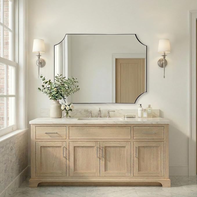 ANDY STAR 36"x48" Large Bathroom Mirror, Brushed Nickel Vanity Mirror, Modern Scalloped Wall Mirror in Anti-Rust Stainless Steel Thin Frame, Aesthetic Scalloped Corner Design, Ideal for Home Remodel