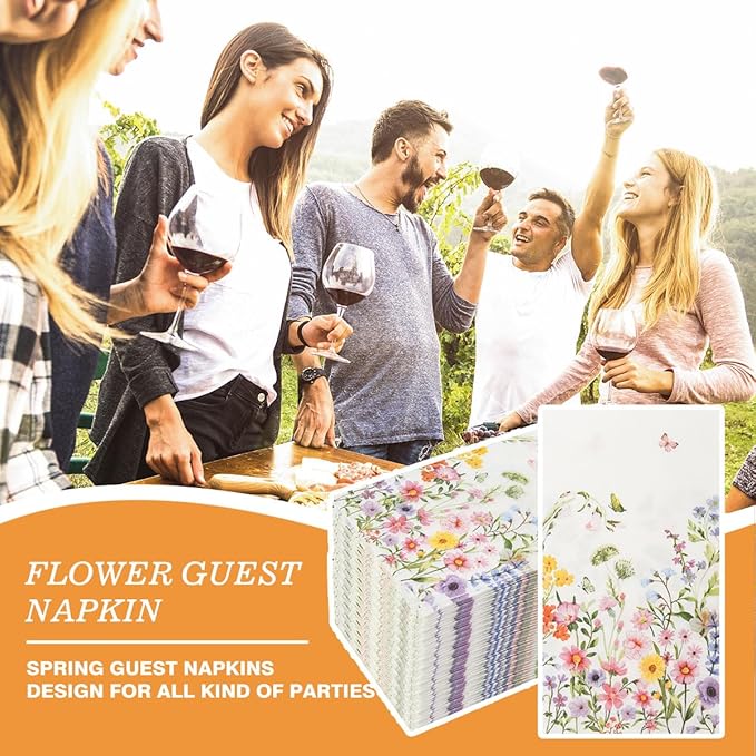 100Pcs Disposable Floral Paper Napkins Decorative Bathroom Napkins Guest Disposable Wild Flower Hand Towels Dinner Party Napkins for Wedding Birthday Party Baby Shower